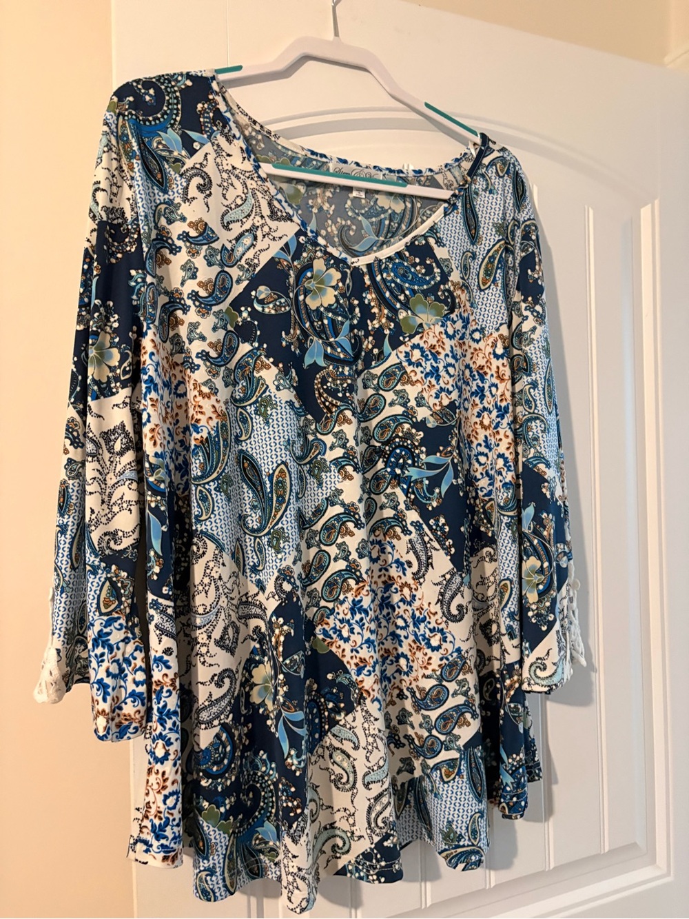 Boho Paisley V-Neck Tunic Top in Blue and White